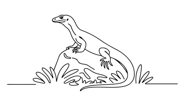 One continuous line illustration of an Komodo dragon animal , isolated on white background.
