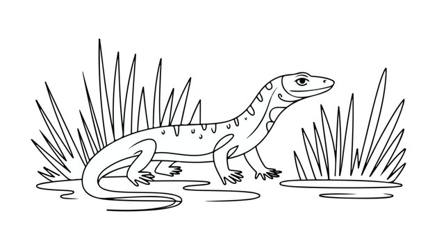 One continuous line illustration of an Komodo dragon animal , isolated on white background.