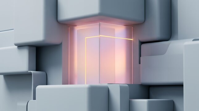 グレーの立体ブロックの隙間から温かみのある光が漏れる近未来的な3D背景素材