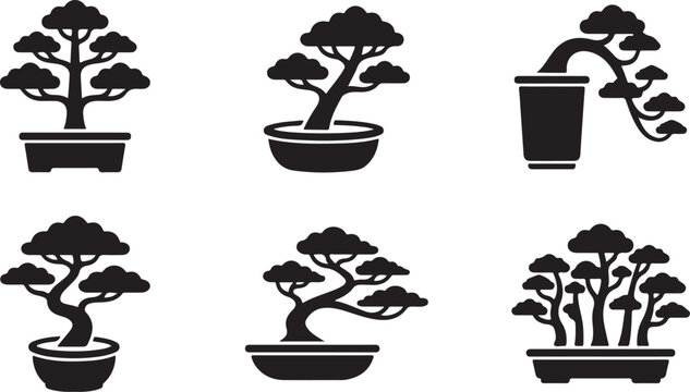 Six stylish bonsai trees in black and white vector icons Vector