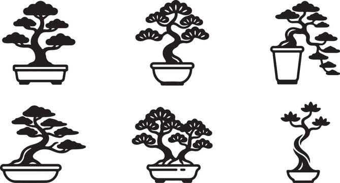 Six stylish bonsai trees in simple black and white vector design Vector