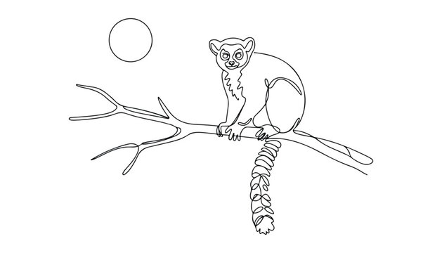 One continuous line illustration of an ring-tailed lemur animal , isolated on white background.