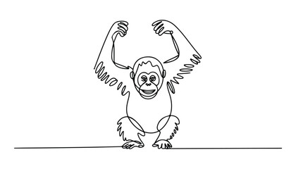 One continuous line illustration of an orangutan animal , isolated on white background. © line