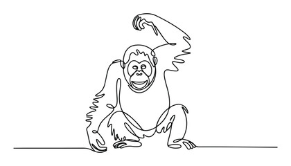 One continuous line illustration of an orangutan animal , isolated on white background. © line