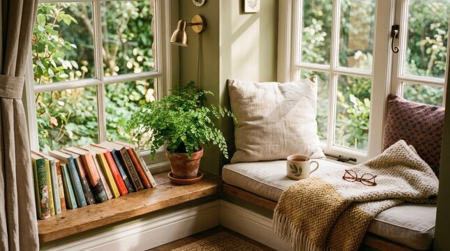 Cozy reading nook with stacked books by window seat