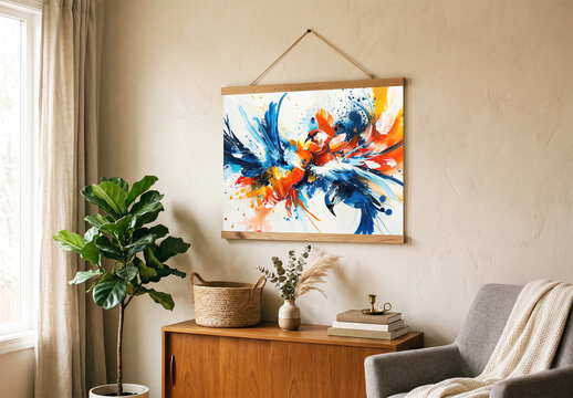 Horizontal Hanging Wooden Wall Canvas Mockup