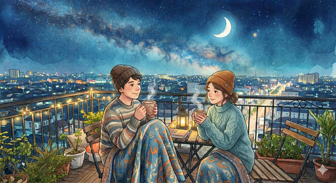 the couple in the city looking the stars and the crescent moon with hot chocolate