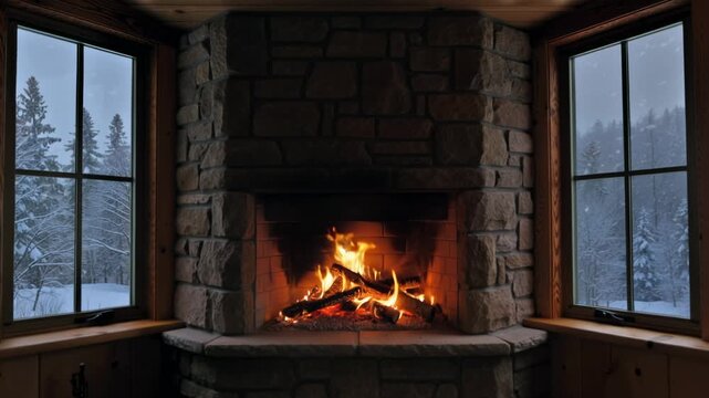 Cozy fireplace with burning logs inside a cabin during a snowy winter. Seamless looping 4k video background