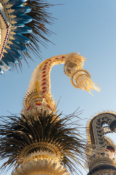 Galungan Penjor in Warm Backlight Showing Cream Spiral Arch and Red Centered Dots