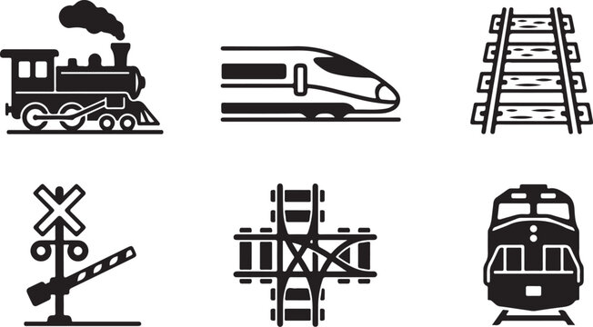 Set of six black and white train icons including locomotive, bullet train, tracks, signals, and rail crossing Vector