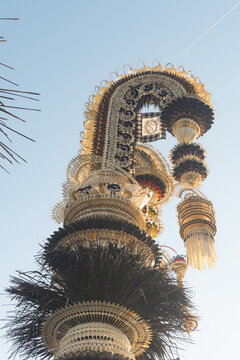 Extreme Low Angle of Black and Cream Penjor with Poleng Cloth for Galungan Bali