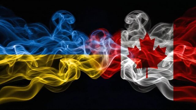 Ukraine and Canada flags merging as abstract smoke plumes against black