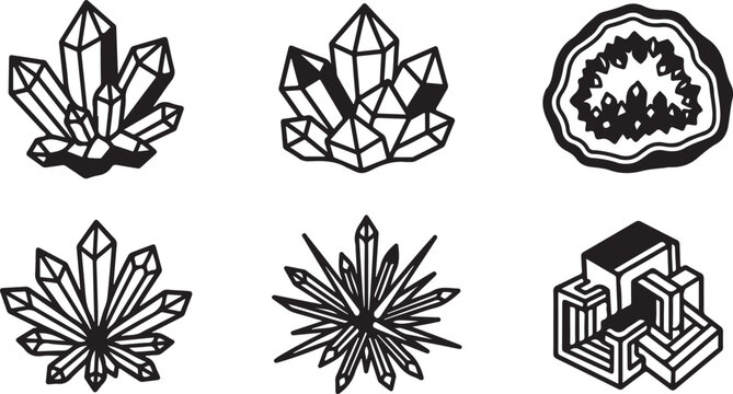 Black and white geometric crystal and mineral icons set Vector
