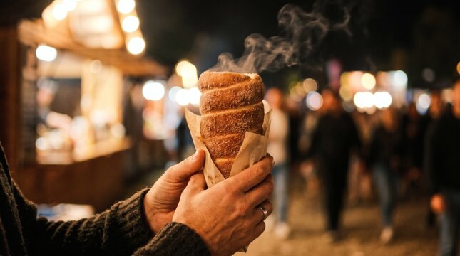 Steaming Hungarian K&uuml;rtőskal&aacute;cs chimney cake held at Sziget Festival.