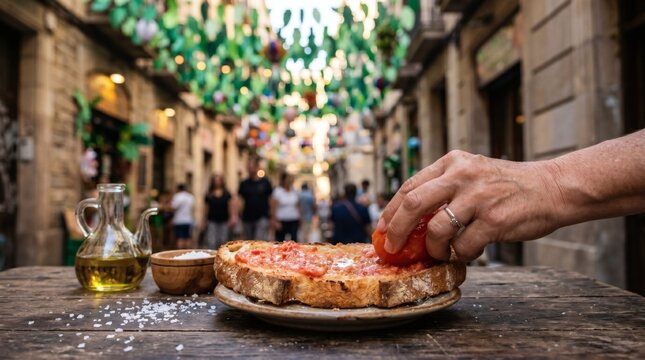Preparing Catalan pan con tomate during Festa Major de Gracia in Barcelona