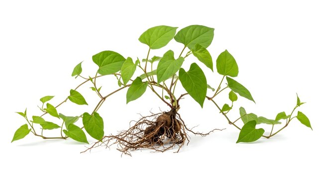 Chinese Knotweed Young Plant with Tuberous Roots, Polygonum Multiflorum Fo-Ti Aromatic Medicinal Herb Stock Photo on White Background