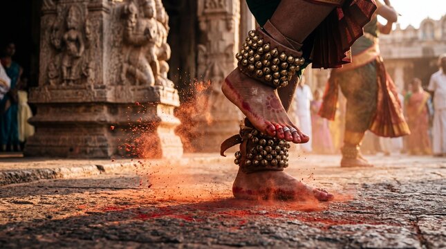 Bharatanatyam dancer feet with salangai bell anklets kicking up red dust