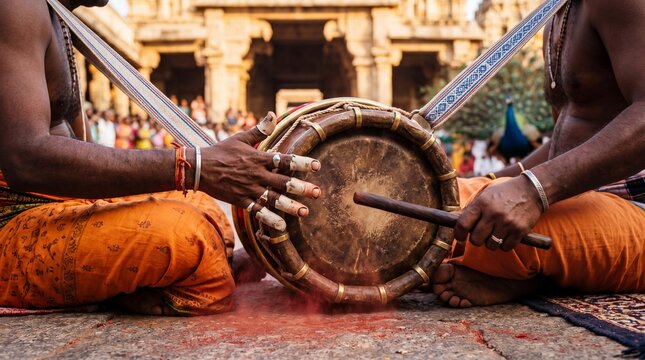 South Indian musicians playing traditional Thavil drum at a Tamil Nadu temple