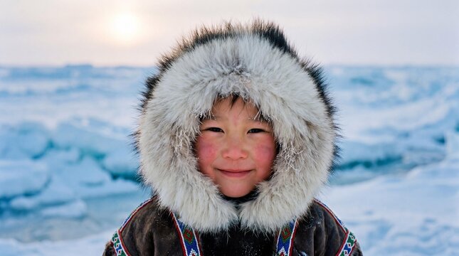Smiling Inupiat child in a traditional fur parka during Alaska arctic winter