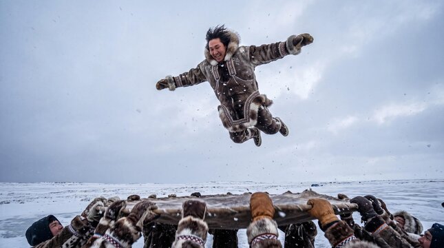 Inupiat hunter leaping high during traditional Nalukataq skin toss in Alaska