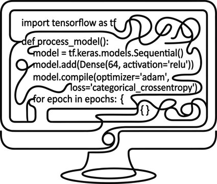 Continuous line art of a computer monitor displaying tensorflow code.