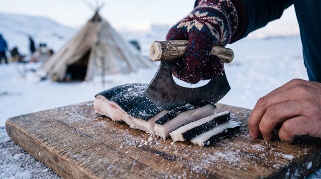 Traditional ulu knife slicing frozen muktuk whale blubber in arctic Alaska