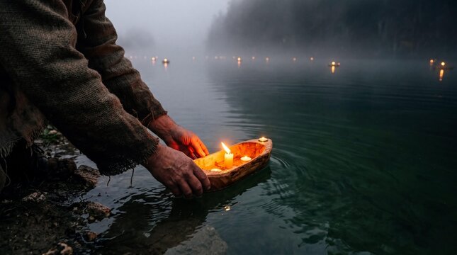 Hands releasing a wooden candle boat on misty Lake Konigssee at twilight