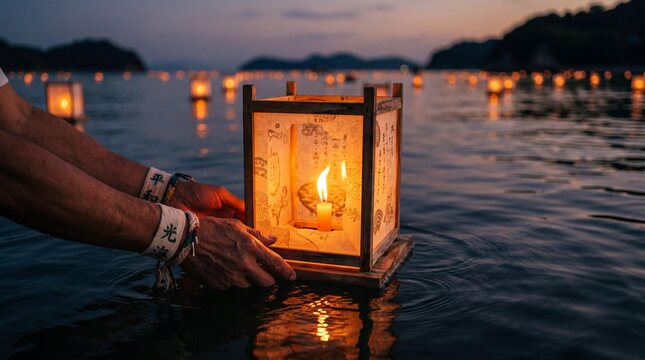 Releasing a traditional Japanese floating lantern during Toro Nagashi at dusk