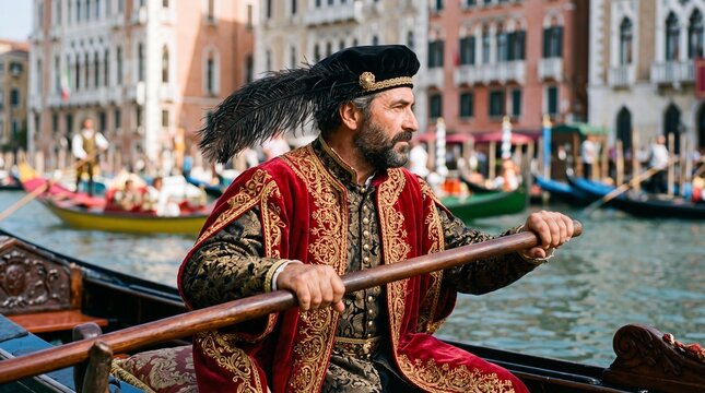 Venetian gondolier in traditional Renaissance costume at the Regata Storica
