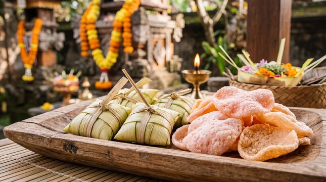 Balinese Galungan festival snacks of ketupat and crackers on a wooden tray.