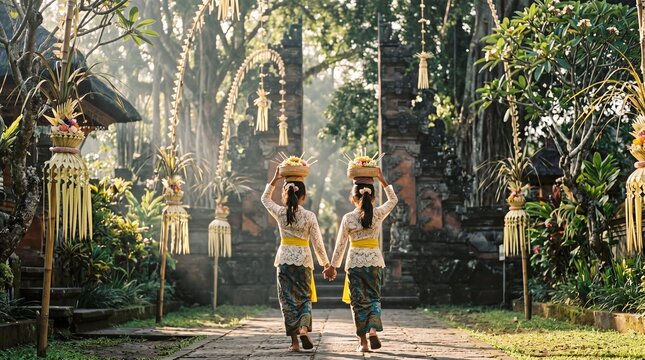 Two Balinese girls in traditional attire walking to a temple for Galungan