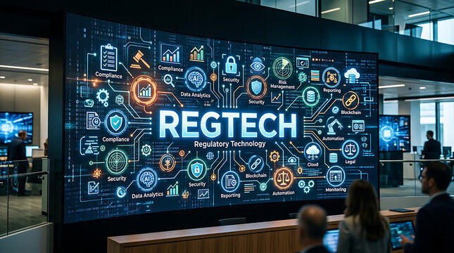 advanced regtech digital interface showcasing data security compliance and blockchain technology in financial services