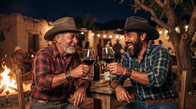 Laughing vaqueros toast with red wine at Parras Fiesta de la Vendimia
