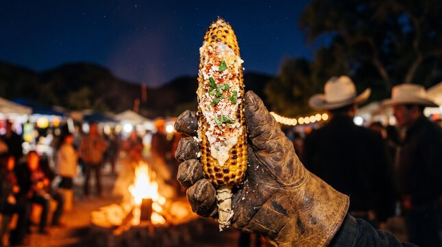 Grilled Mexican elote corn held by a cowboy at Fiesta de la Vendimia in Parras