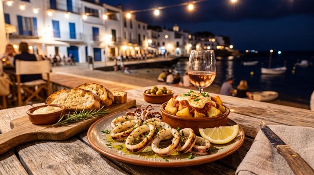 Catalan seafood tapas and wine at a beachside restaurant in Costa Brava