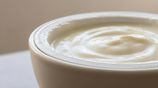 A close-up view of a pot yaourt made with fresh dairy cream, featuring a smooth textured surface presented in a simple white ceramic bowl for breakfast.