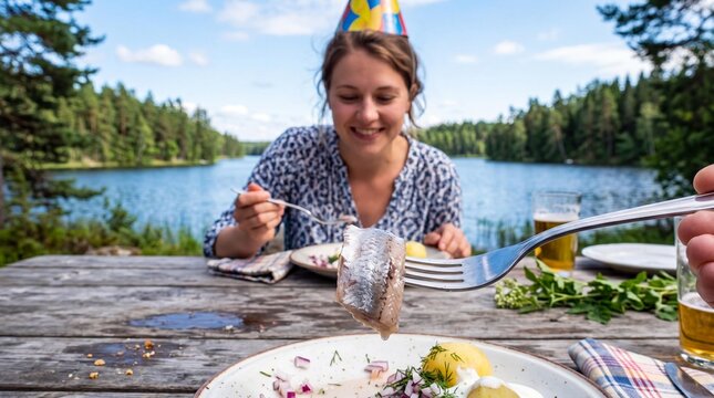 Swedish fermented herring surstr&ouml;mming tasting party by a beautiful lake