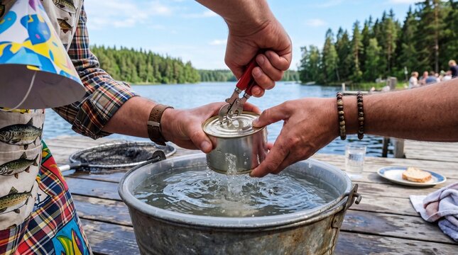 Opening a can of Swedish fermented herring surstr&ouml;mming in water by a lake.