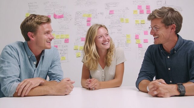 Startup founders collaborating and discussing ideas at a table with sticky notes on the wall