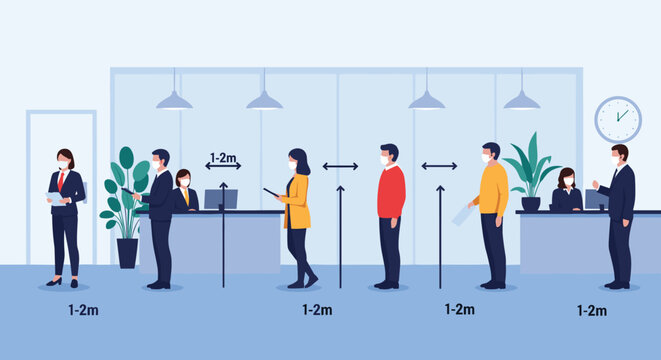People wearing protective face masks and keeping safe social distance while waiting in a line at a modern reception or bank counter.