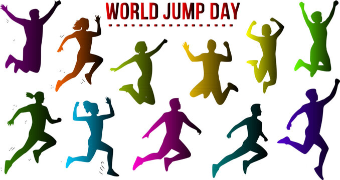 World Jump Day creative vector illustration set featuring colorful jumping and running people silhouettes isolated on a white background for sports celebration banners and event posters.