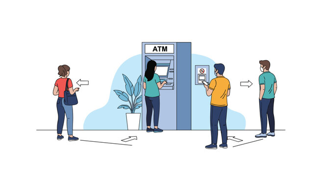 People wearing protective masks while using an outdoor automated teller machine and waiting in a line with safe social distancing.