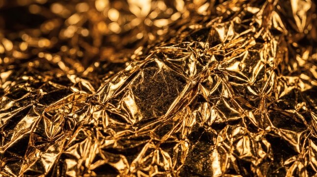Close up of golden metallic foil texture with crinkled and shiny reflective surface