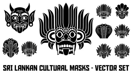 Obraz premium Big Sri Lankan Cultural Mask Black Silhouette Vector Set Traditional Devil Mask Collection Isolated on White Background
