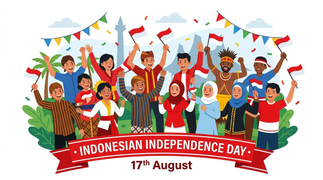 Indonesian Independence Day Celebration with Diverse People Illustration