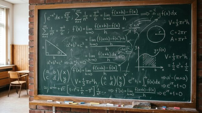 Mathematical equations on green blackboard in classroom