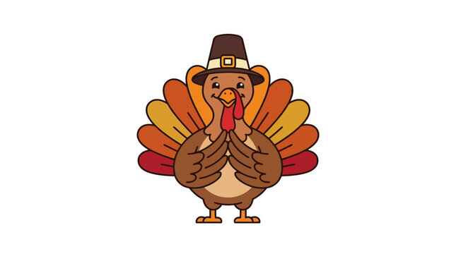 Cute cartoon turkey wearing pilgrim hat, Thanksgiving celebration illustration