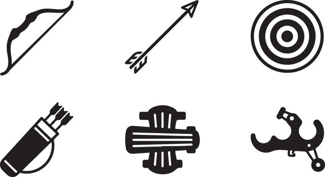 Six black and white vintage hunting and archery icons set Vector