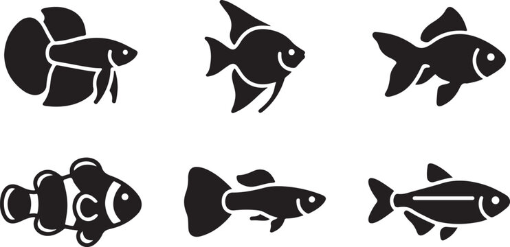 Set of six black and white fish icons in simple style Vector