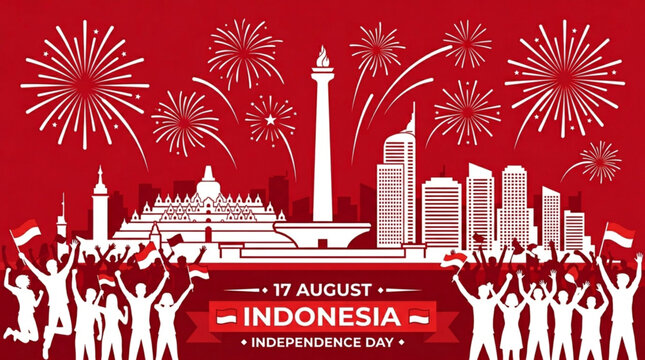 Indonesia Independence Day Vector with Jakarta and Borobudur Skyline